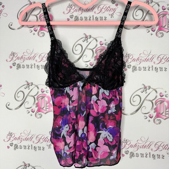 Bcbg tank top crop floral mesh black pink purple white logo straps sexy cute - Picture 1 of 9
